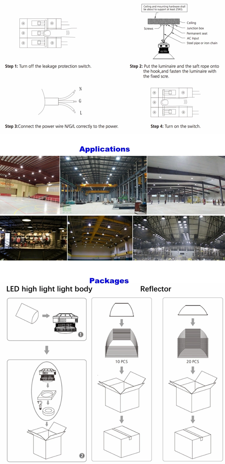 Warehouse Factory Marketplace Showroom Gym Office Store LED Industrial Dome Highbay Lamp 50W 80W 100W 150W 200W LED High Bay Light with Reflector